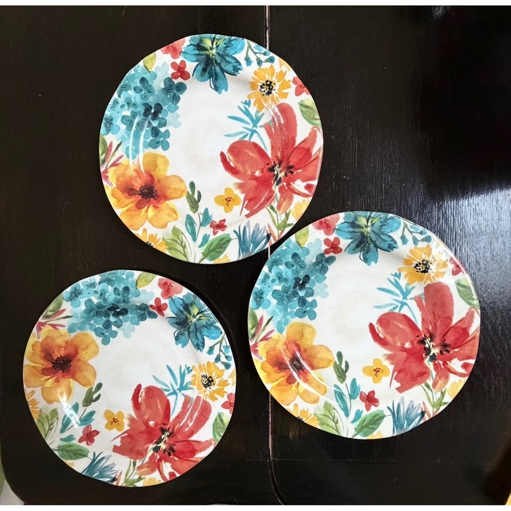 Pier 1 Imports Melamine Salad Plates Set of 3 Watercolor Floral Red Blue Yellow